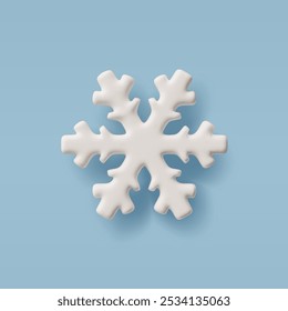 Branco floco de neve 3D cartoon plástico estilo ícone vetor. Símbolo de inverno realista com sombra. Elemento de design de previsão do tempo sobre plano de fundo azul. Decoração de Natal e Ano Novo