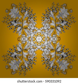 White snowflake. Abstract wallpaper, wrapping decoration. Winter symbol, Merry Christmas holiday, Happy New Year 2018. Vector white pattern on yellow and white background with doodles element
