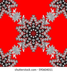 White snowflake. Abstract wallpaper, wrapping decoration. Winter symbol, Merry Christmas holiday, Happy New Year 2018. Vector white pattern on red and white background with doodles element