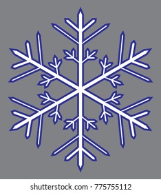 White snowflake with a blue stroke on a gray background. Isolated vector image.
