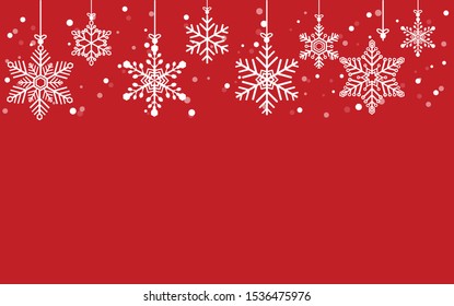 White snowflake border isolated on red background. Merry Christmas design for postcard. Vector illustration in flat design. Copy-space for text.