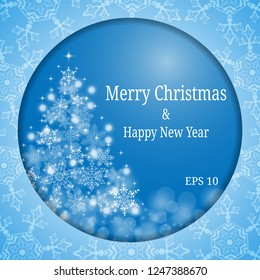 White snowflake christmas tree with bokeh on blue background. Invitation card for celebration, greeting, festival, or holidays. Paper cut design.