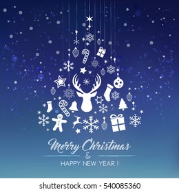 White snowflake Christmas tree with Christmas elements on blue background. Christmas vector card