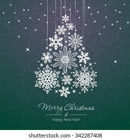 White snowflake Christmas tree on green background. Christmas vector card