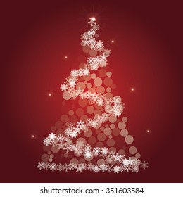 White snowflake Christmas tree on red background. Christmas vector card