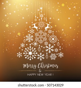 White snowflake Christmas tree on gold background. Christmas vector card