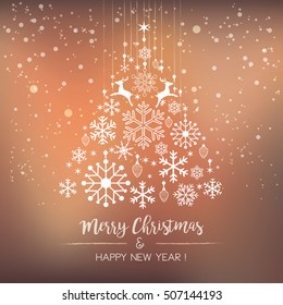 White snowflake Christmas tree on blurred background. Christmas vector card