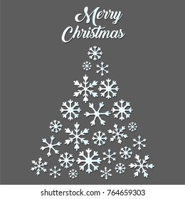 White snowflake Christmas tree on gray background. Christmas vector card