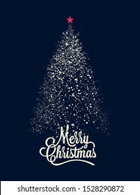 White snowflake Christmas tree silhouette on navy blue background. Christmas tree with red star on the top and Merry Christmas lettering caption. Christmas vector card. Vector illustration.