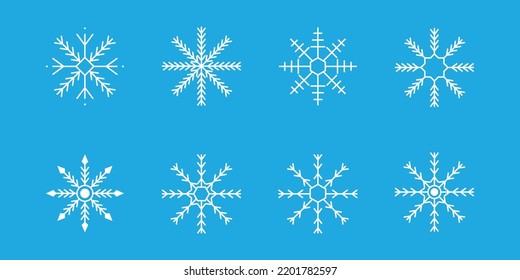 White snowflake collection isolated on blue background.