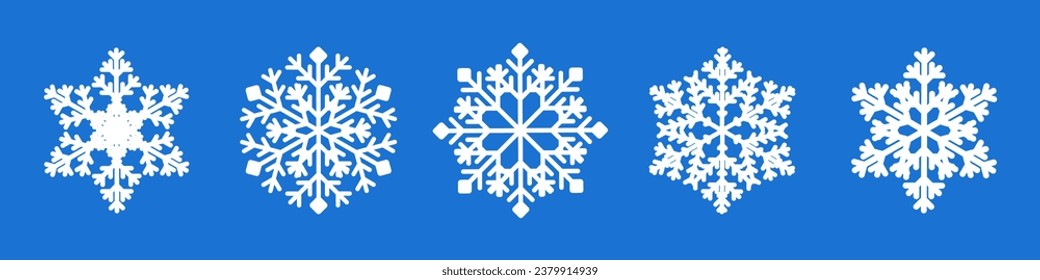 White Snowflake collection isolated on blue background. Flat snow icons, snow flakes silhouette. New year set snowflakes for christmas banner, cards