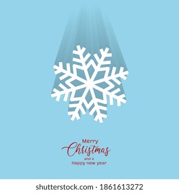 white Snowflake falling down and Merry Christmas text design, Snowflake with red Text, white Snowflake on blue background, used for banners, poster, event flyers, vector, illustration.