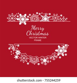 White snowflake frame, decoration on red background, Christmas design for invitation, greeting card or postcard cover. Vector illustration, merry xmas snow flake framework