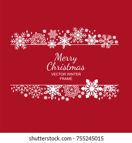 White snowflake frame, decoration on red background, Christmas design for invitation card or postcard. Vector illustration, merry xmas snow flake framework