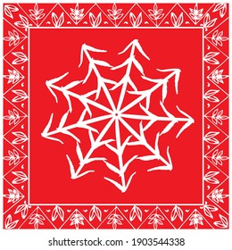 Copo de nieve blanco con marco aislado sobre fondo rojo. Diseño de impresión vectorial para el diseño de empaquetado de navidad