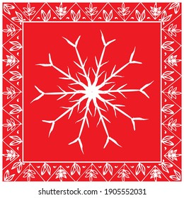 White snowflake with frame isolated on a red background. Vector print design for Christmas packaging design