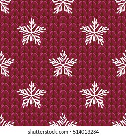 White snowflake hand-drawing. Knitting seamless pattern. Simple traditional red texture. Vector illustration.