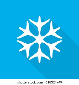 White snowflake icon. Abstract snowflake with long shadow on blue background in flat design. Vector illustration.
