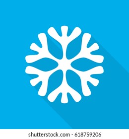 White snowflake icon. Abstract snowflake with long shadow on blue background in flat design. Vector illustration.