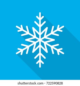 White snowflake icon. Abstract snowflake with long shadow on blue background in flat design. Vector illustration.