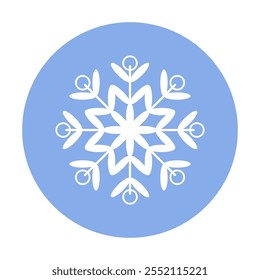 Icono de copo de nieve blanco en círculo azul. Diseño de Vector plano.