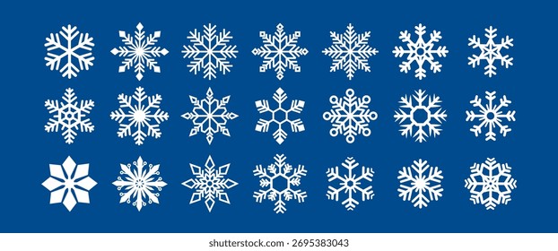 Coleção de ícones de floco de neve branco em estilo plano mínimo, projetado para Natal, Ano Novo e decoração de férias de inverno. Perfeito para cartões de saudação, cartazes, embalagens e fundos digitais.
