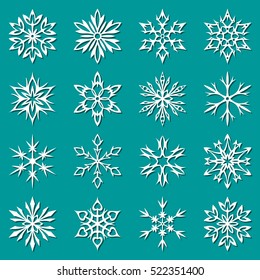 White snowflake icon collection with shadow on green background. Winter symbols. Christmas decorative elements. New year card ornament. Snowflakes silhouette. Geometric snowflakes vector set
