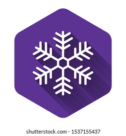 White Snowflake icon isolated with long shadow. Purple hexagon button. Vector Illustration