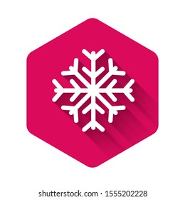 White Snowflake icon isolated with long shadow. Pink hexagon button. Vector Illustration
