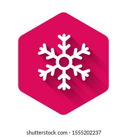 White Snowflake icon isolated with long shadow. Pink hexagon button. Vector Illustration
