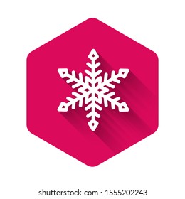 White Snowflake icon isolated with long shadow. Pink hexagon button. Vector Illustration