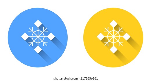Icono de copo de nieve blanco aislado con fondo de sombra larga. Feliz Navidad y Feliz Año Nuevo. Botón Círculo. Vector