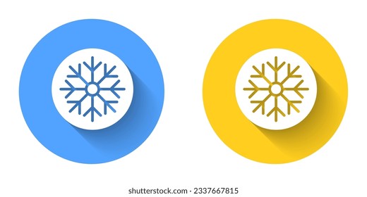 Icono de copo de nieve blanco aislado con fondo de sombra larga. Feliz Navidad y Feliz Año Nuevo. Botón Círculo. Vector