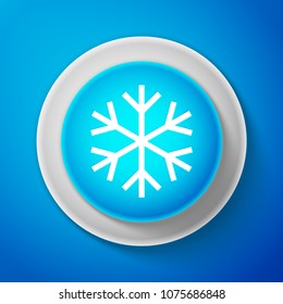 White Snowflake icon isolated on blue background. Circle blue button with white line. Vector Illustration