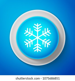White Snowflake icon isolated on blue background. Circle blue button with white line. Vector Illustration