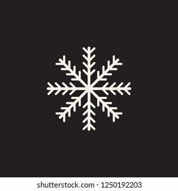 White snowflake icon isolated on black background. Snow flake silhouette. Symbol of snow, holiday, cold weather, frost. Design vector illustration of the winter element.