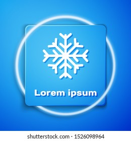 White Snowflake icon isolated on blue background. Blue square button. Vector Illustration