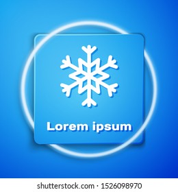 White Snowflake icon isolated on blue background. Blue square button. Vector Illustration
