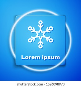 White Snowflake icon isolated on blue background. Blue square button. Vector Illustration