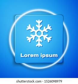 White Snowflake icon isolated on blue background. Blue square button. Vector Illustration