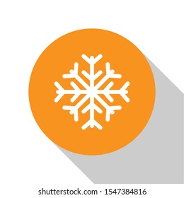 White Snowflake icon isolated on white background. Orange circle button. Vector Illustration