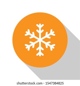 White Snowflake icon isolated on white background. Orange circle button. Vector Illustration