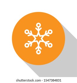 White Snowflake icon isolated on white background. Orange circle button. Vector Illustration