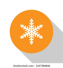White Snowflake icon isolated on white background. Orange circle button. Vector Illustration