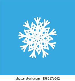 White snowflake icon isolated on blue sky background. Symbol of snow, holiday, cold weather, frost. Winter design element. eps10