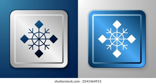 White Snowflake icon isolated on blue and grey background. Merry Christmas and Happy New Year. Silver and blue square button. Vector