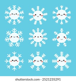 Weißer Schneeflocken-Symbolsatz. Nette Cartoon Kawaii lustige Baby-Charakter. Andere Form, Gesichtsgefühle, Zeichen. Schneeflocken-Kollektion. Kinderstil. Flaches Design. Blauer Hintergrund. Einzeln. Vektorgrafik