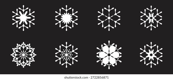 White snowflake icon set with detailed winter crystal shapes on dark background. Symmetrical frozen designs represent cold weather, ice patterns, and seasonal decoration. Ideal for winter themes, holiday graphics, weather visuals, and festive design.