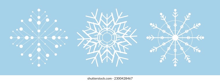 White Snowflake Icon Set on Blue Sky Background, Cute, Simple and Timeless pattern Decorative Elements for Winter, Christmas, New Year 2024 Card, Banner, Calendar