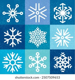 Icono de copo de nieve blanco sobre fondo azul con textura de nieve. Fondo de invierno de copo de nieve de línea geométrica moderna. Diseño Bauhaus. Modelo inconsútil del estilo minimalista, geométrico abstracto 
